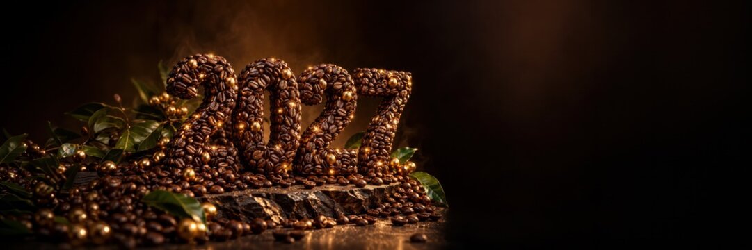 2027 made of roasted coffee beans, New Year cafe concept with copy space
