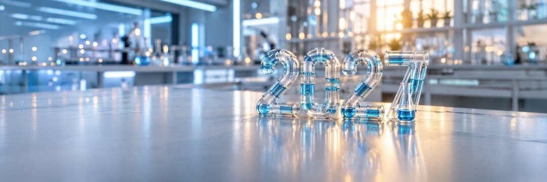 2027 made of laboratory glassware in modern lab, science New Year concept with copy space