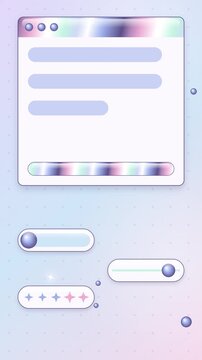 Three identical user interface panels with iridescent borders, containing light purple text bars, sliders, and toggle switches on a pale blue background