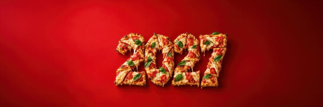 2027 made of pizza slices on red background, New Year food advertising with copy space