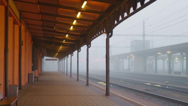 Foggy morning at an empty railway station in Česk&aacute; Třebov&aacute;.
Misty surroundings create a dark and unsettling atmosphere.