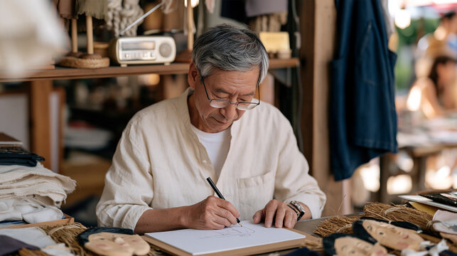 A scarecrow maker sketches a new harvest figure design on paper in a vibrant outdoor market stall, a small transistor radio playing quietly on the shelf above, the master craft