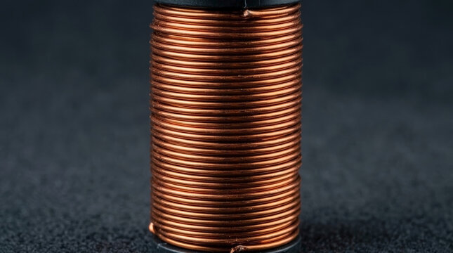 Close up of tightly wound copper wire coil. Shiny electrical electromagnet spiral on dark background