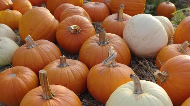 Vibrant pumpkin patch full of ripe orange and white pumpkins resting on hay. The autumn harvest is ready for halloween celebrations