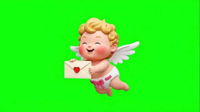 Cupid holding a heart envelope on a green screen. Suitable for romance videos, valentine promos, greeting cards, and event invites.
