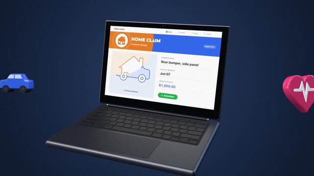 Insurance claim app on 3D laptop submitting auto, home, health and travel claims with floating icons