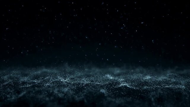 Shimmering particles drift across a dark rippling digital wave field. Technology presentation, science media, and digital title sequence.
