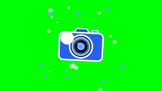 A clean 2D vector camera icon animation featuring bold outline styling, refined camera flash shutter bursts, rendered against a vibrant green screen background for easy chroma keying.