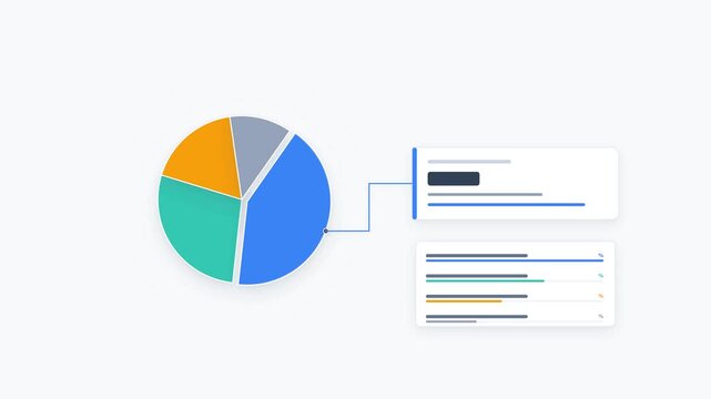 An animated pie chart featuring abstract thick horizontal placeholder lines for universal text-free usage, percentage symbol, and neutral light tones on a clean white background.