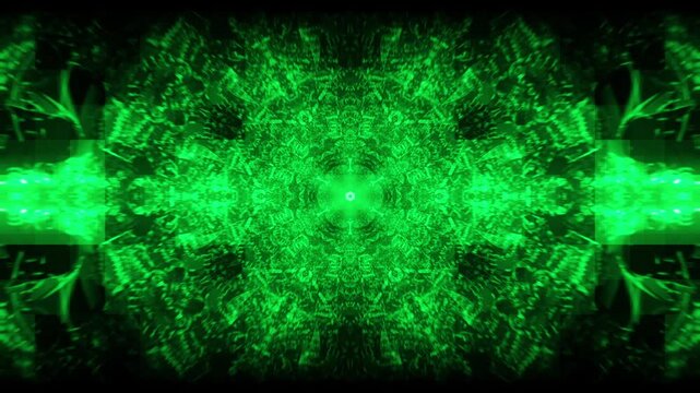 Green Gothic Chain Tunnel Kaleidoscope with Glow Pulses and Glitch Effects, Seamless 4K VJ Loop