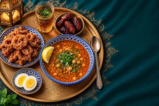 Moroccan Ramadan iftar table with harira soup, chebakia honey sesame cookies, dates and mint tea on brass tray, top view with copy space