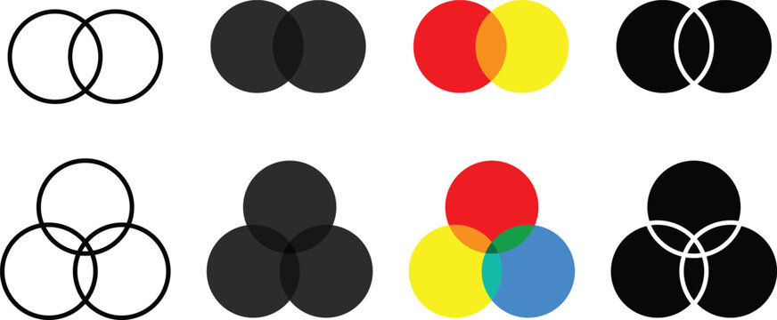 Venn diagram circles icon set. Overlap set symbols. Logic relation math and intersection data signs. infographic chart icons collection