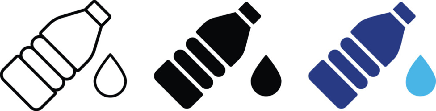 Water bottle icon set. Hydration container symbols. Liquid mineral refill and beverage drop signs. plastic bottle icons collection
