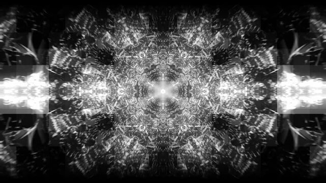 Monochrome Gothic Chain Tunnel Kaleidoscope with Glow Pulses and Glitch Effects, Seamless 4K VJ Loop