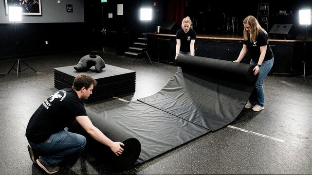 Three people unrolling a black martial arts mat on a floor