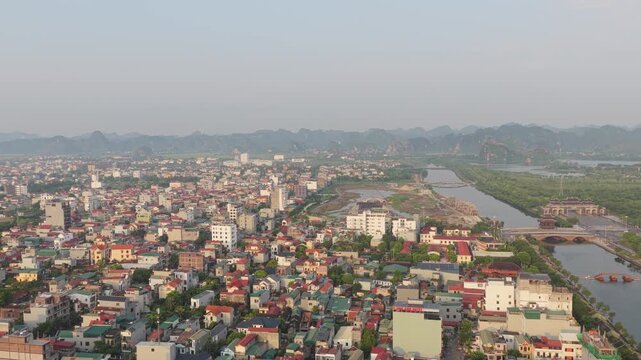 Aerial view of hoa lu cityscape in vietnam during sunrise