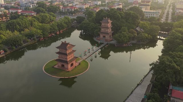 Aerial view of hoa lu pagodas at sunrise in vietnam