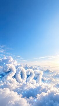 2027 shaped from fluffy clouds in blue sky, New Year future concept with copy space