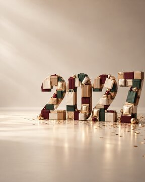2027 assembled from shopping bags and gift boxes, New Year retail concept with copy space