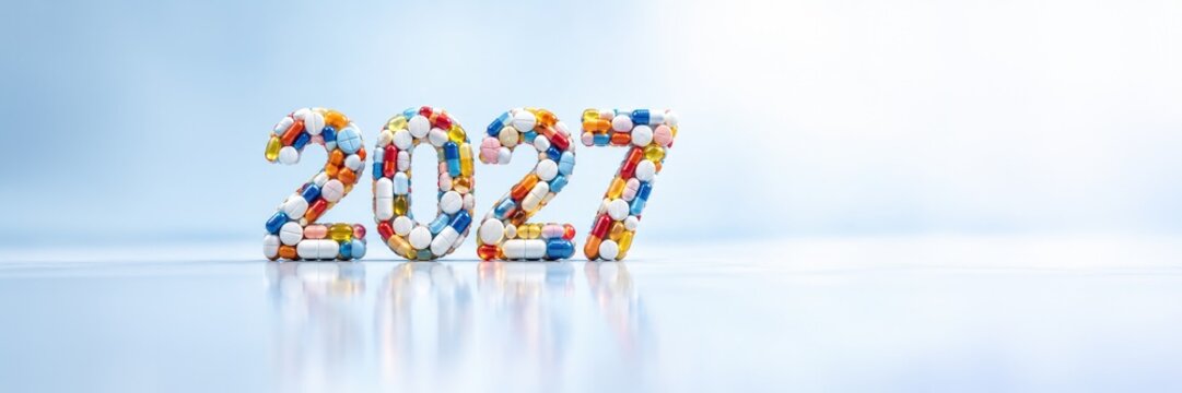 2027 made of colorful pills and capsules, New Year healthcare concept with copy space