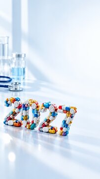 2027 made of colorful pills and capsules in laboratory, New Year healthcare concept with copy space