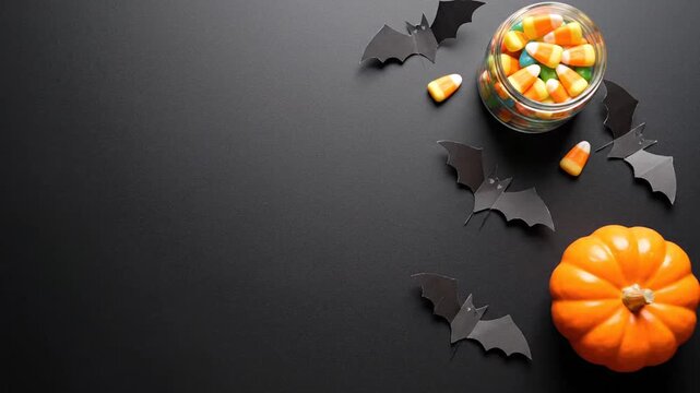 Hand Removes Green Screen Smartphone from Black Table with Halloween Paper Bats, Candy Corn Jar and Orange Pumpkin