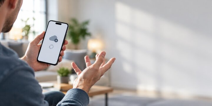 Frustrated man facing cloud storage error on smartphone, data access problem with copy space