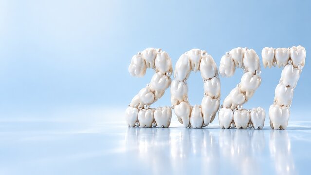 2027 shaped from white teeth on blue background, New Year dental health concept with copy space
