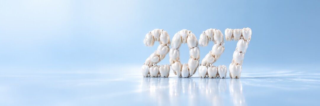 2027 formed from white teeth, New Year dentistry and oral health concept with copy space
