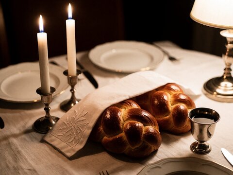 Challah bread and Kiddush cup on a Shabbat table with candles