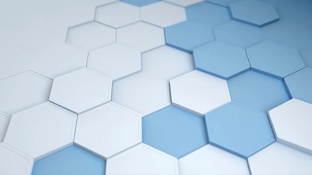 Blue and white hexagonal tiles shift across a clean geometric surface. Technology presentations, science education, and medical research media.