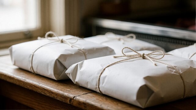 Rustic packages wrapped in white paper with twine on a wooden bench