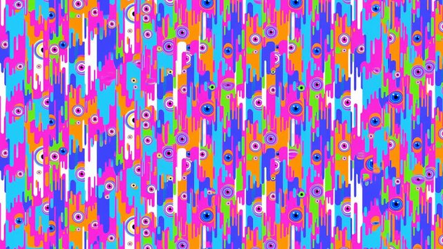 Colorful abstract pattern shifts through psychedelic vertical drips and concentric circles. Concert screen content, event projection, and fashion presentation.