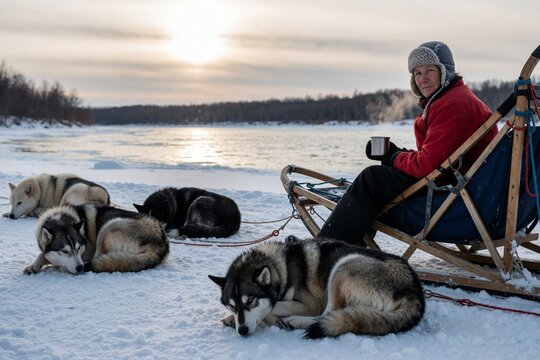 Woman resting on sled with huskies in winter landscape