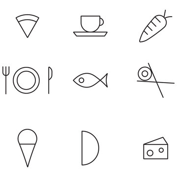 Minimalist food line icon set, modern restaurant vector symbols, black simple line art food logos for menu design