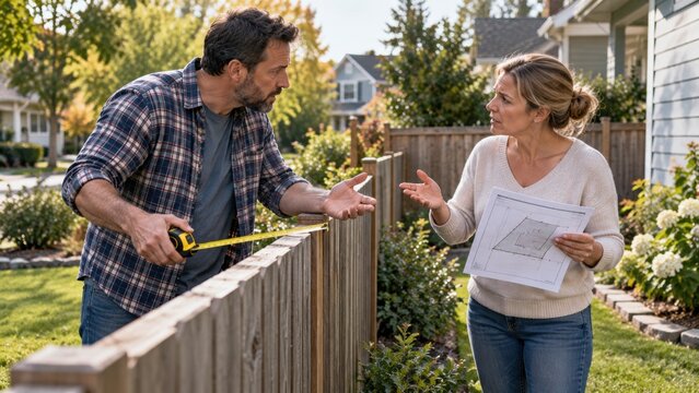 Homeowners having tense argument over property boundary line with tape measure in front yard. Neighbors discussing land survey outdoors during daytime conflict negotiation.