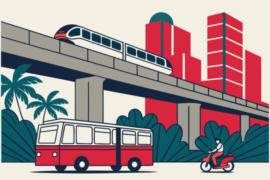 Modern public transit scene with elevated metro train buses and urban mobility infrastructure in ho chi minh city showcasing sustainable transportation growth generated ai