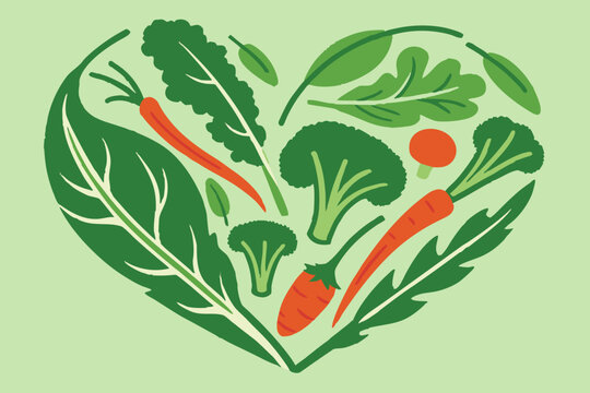 Fresh organic vegetable heart illustration featuring leafy greens carrots herbs and garden produce celebrating healthy nutrition sustainability and World Vegan Day generated ai