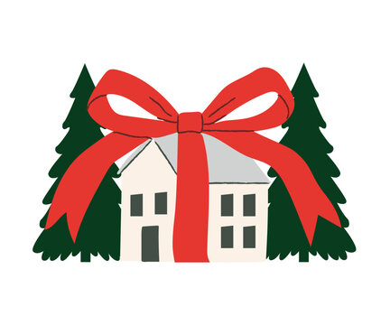 Hand drawn house tied with ribbon bow and pine trees vector clipart. Flat cottagecore naive illustration of cozy home gift wrap for christmas, realtor housewarming and holiday packaging.