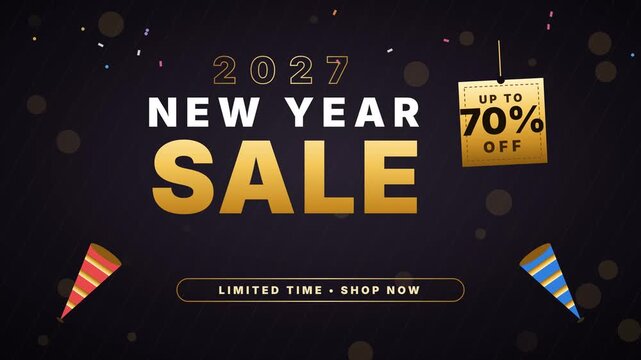 Two party poppers burst confetti and streamers to reveal a gold New Year Sale headline, 2027, a swinging up to 70% off tag and a limited time shop now banner on dark background.
