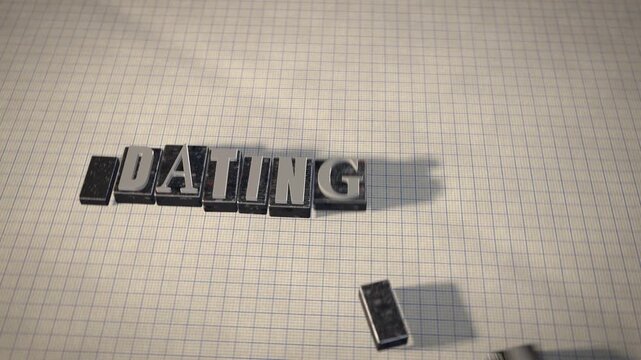 Dating app metal letterpress type blocks 3D animation seamless loop