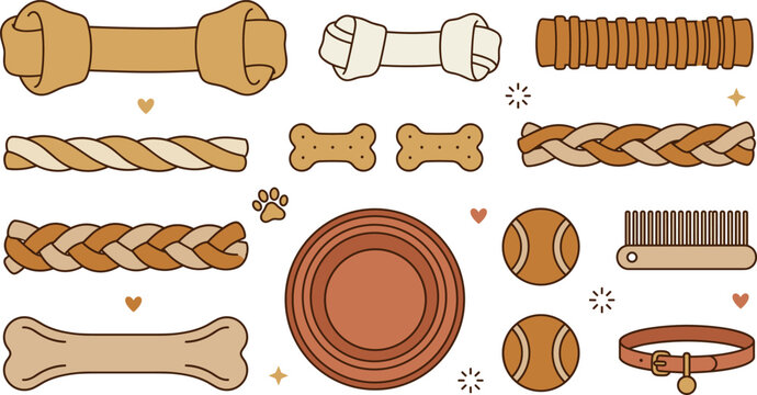 Vector collection of dog chew toys, bones, braided ropes, tennis balls, collar, comb, and flying disc isolated on white background for pet care design