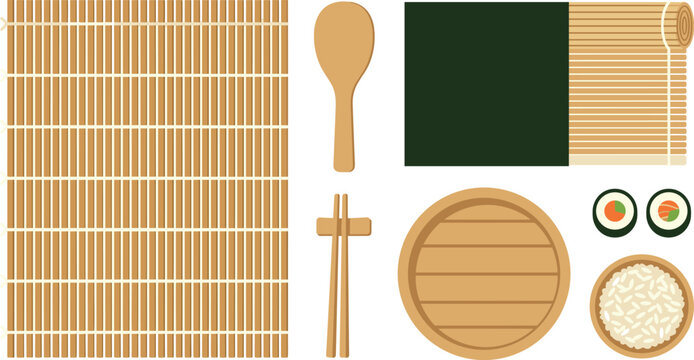 Vector collection of bamboo sushi rolling mats, wooden spoon, chopsticks, nori seaweed, rice bowl, and sushi rolls isolated on white background for Japanese cooking