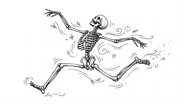 A whimsical black and white ink illustration of a joyful skeleton running fast with dynamic motion lines and floating leaves in a playful style