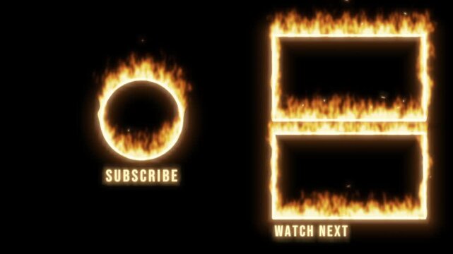 End screen template with burning circle and two flaming placeholder frames, subscribe and watch next text