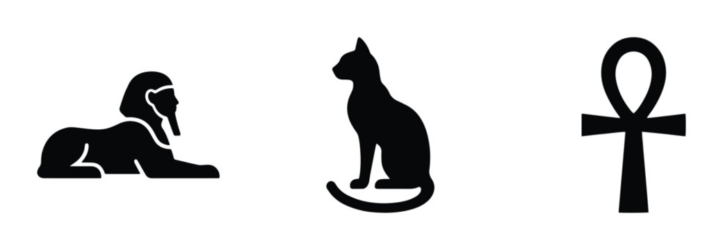 Ancient Egyptian symbols set with sphinx, cat and ankh silhouette for culture and history
