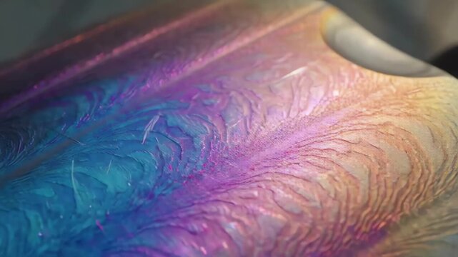 Luminous anodized titanium surface with shifting iridescent shades of blue and violet under moving natural light source