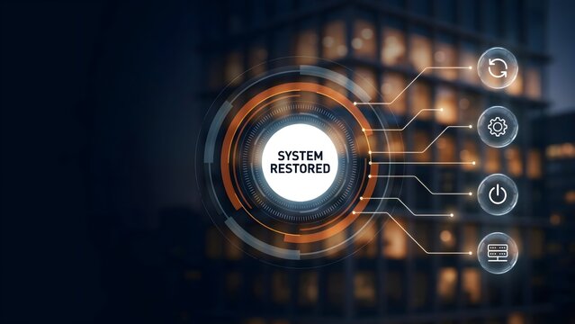 System restored interface with digital circular indicators and buttons against office building background