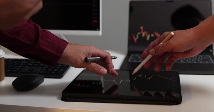 Financial market analysis and investment strategy planning, technical chart interpretation, and collaboration between traders to identify market trends and evaluate potential trading opportunities.