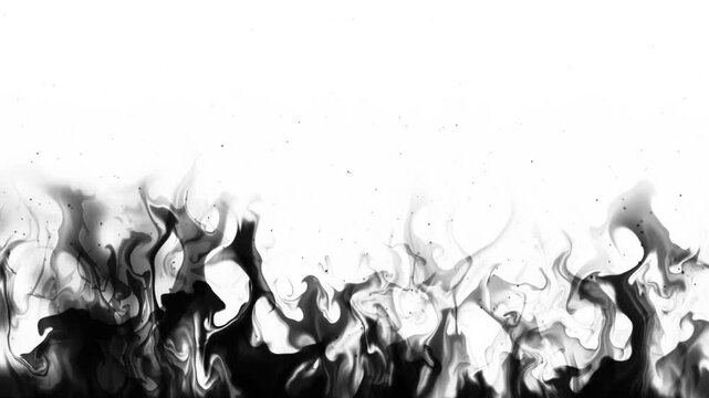 Black smoky flames rise along the bottom of a white background with floating particles and copy space